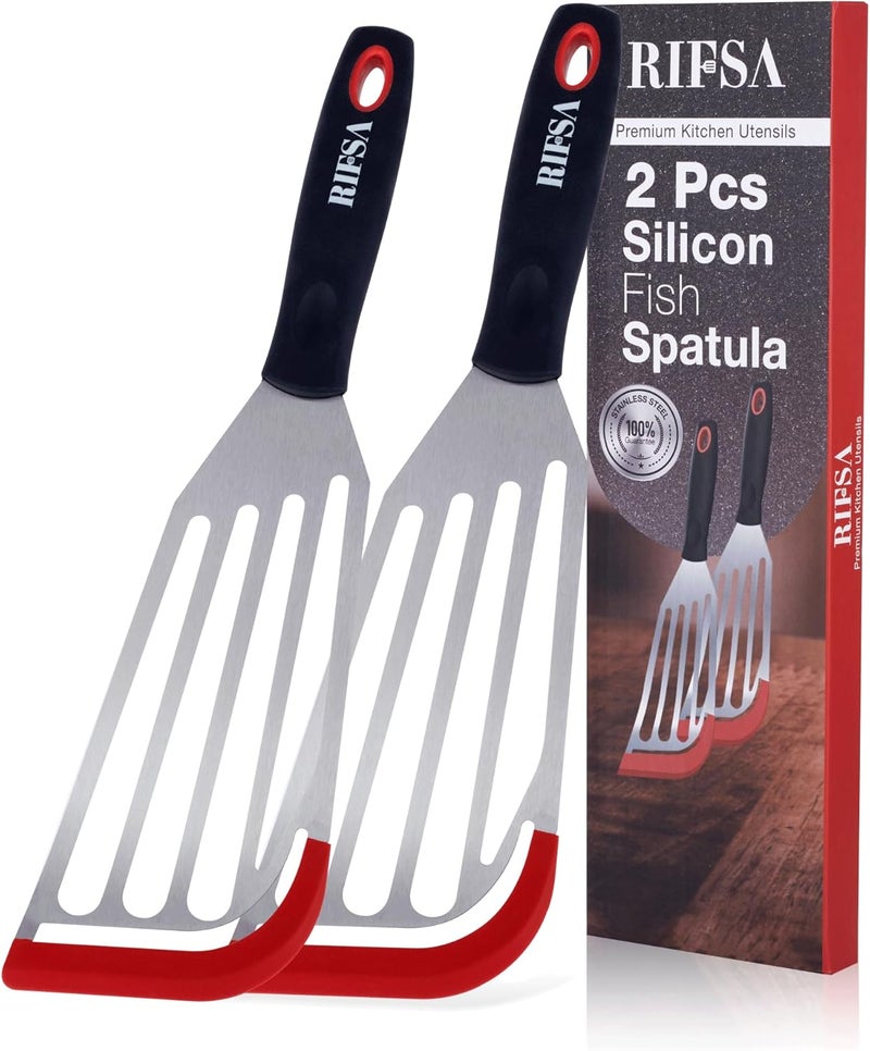 Rifsa Fish Spatula Set of 2, Stainless Steel Fish Spatulas with Heat-Resistant Silicone Tips, Non-Scratch Design for Non-Stick Cookware, Silicone Slotted Spatula for Frying, Flipping Fish, Eggs & Pancakes - Image 1